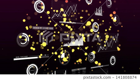 Displaying HUD in virtual dashboard showing line and area charts, circular timers, yellow particles Displaying HUD in virtual dashboard showing line and area charts, circular timers, yellow particles 141808874