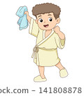 Cute little boy holding towel wearing bathrobe cartoon hygiene illustration character 141808878