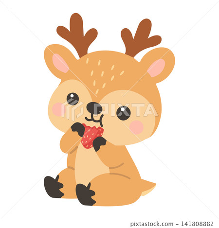 Little fawn with antlers enjoying a fresh strawberry 141808882