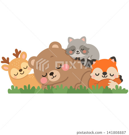 Sleeping Woodland Animals Bear Deer Fox Raccoon On Grass Sleeping Woodland Animals Bear Deer Fox Raccoon On Grass 141808887
