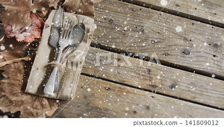 Displaying khaki napkin holding metal cutlery on rustic wood, twine bow, dried leaves, falling snow Displaying khaki napkin holding metal cutlery on rustic wood, twine bow, dried leaves, falling snow 141809012