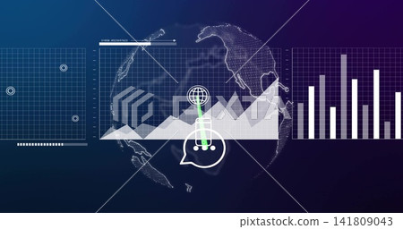 Displaying wireframe globe with area chart on dark dashboard, chat marker, left targets, right bars Displaying wireframe globe with area chart on dark dashboard, chat marker, left targets, right bars 141809043
