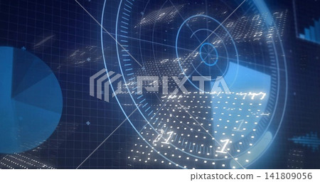 Spinning circular reticle and point-cloud pulsing on dark grid, showing pie chart, binary data Spinning circular reticle and point-cloud pulsing on dark grid, showing pie chart, binary data 141809056