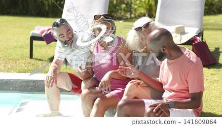 Chatting four adults wearing summer clothes dipping feet in pool at yard, sunglasses visible Chatting four adults wearing summer clothes dipping feet in pool at yard, sunglasses visible 141809064