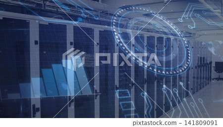 Showing rack servers glowing blue LEDs behind tempered glass in data center aisle, with overlays Showing rack servers glowing blue LEDs behind tempered glass in data center aisle, with overlays 141809091