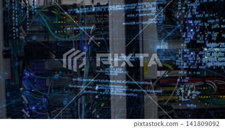 Showing rackmount servers and switches in data center rack with colored Ethernet cables, overlay Showing rackmount servers and switches in data center rack with colored Ethernet cables, overlay 141809092