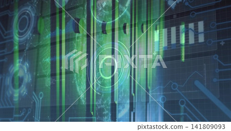 Displaying central circular HUD scanning over virtual interface, with green panels globe and charts Displaying central circular HUD scanning over virtual interface, with green panels globe and charts 141809093
