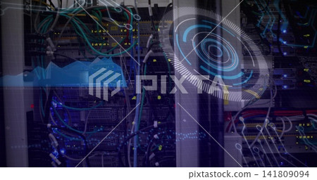 Displaying servers and switches in server room, with colored cables, LED indicators, HUD Displaying servers and switches in server room, with colored cables, LED indicators, HUD 141809094