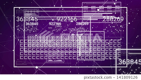 Displaying clear key grid schematic, HUD frames and numbers on purple gradient showing nodes Displaying clear key grid schematic, HUD frames and numbers on purple gradient showing nodes 141809126