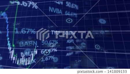 Showing digital trading HUD featuring candlestick with green trend on 3D grid, tickers, percentages Showing digital trading HUD featuring candlestick with green trend on 3D grid, tickers, percentages 141809133