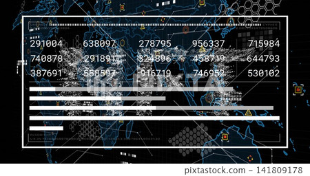 Displaying central white data panel over blue world map, showing numeric readouts, grey bar graphs Displaying central white data panel over blue world map, showing numeric readouts, grey bar graphs 141809178