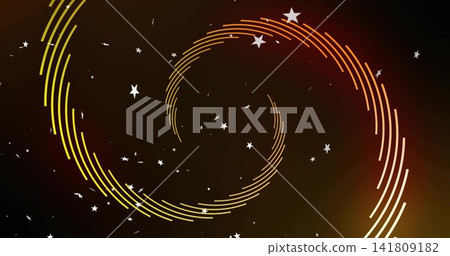 Glowing double spiral of yellow-green and orange-red arcs sweeping across dark gradient, with stars Glowing double spiral of yellow-green and orange-red arcs sweeping across dark gradient, with stars 141809182