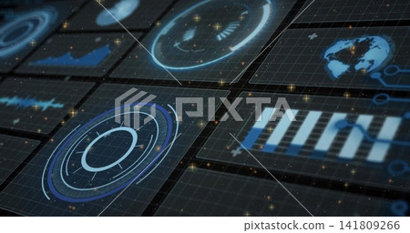 Displaying holographic grid panels in futuristic control grid with HUD rings, waveform, bar chart Displaying holographic grid panels in futuristic control grid with HUD rings, waveform, bar chart 141809266