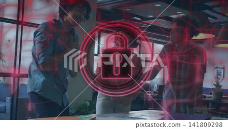 Team in business shirts discussing documents in office, pointing at neon padlock overlay Team in business shirts discussing documents in office, pointing at neon padlock overlay 141809298