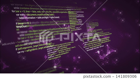 Drifting programming code blocks creating deep purple cyberspace, with glowing nodes and mesh lines Drifting programming code blocks creating deep purple cyberspace, with glowing nodes and mesh lines 141809306
