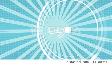 Displaying large clock sitting at center on teal-blue field, with white hub and minimalist hands Displaying large clock sitting at center on teal-blue field, with white hub and minimalist hands 141809310