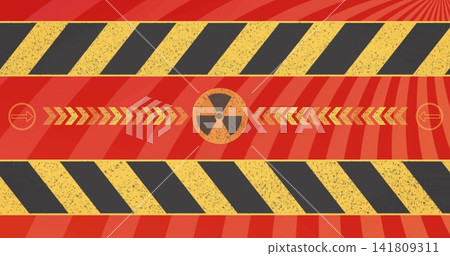 Featuring central radioactive trefoil over red band on flat warning sign, showing hazard stripes Featuring central radioactive trefoil over red band on flat warning sign, showing hazard stripes 141809311
