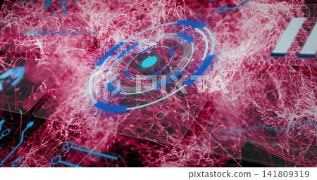 Rotating central HUD interface glowing on dark screen, with magenta wisps, blue arcs, cyan core 141809319