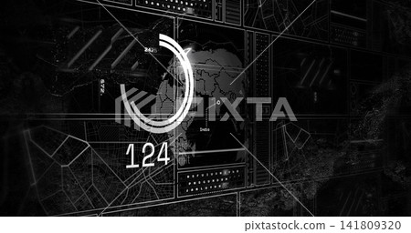 Displaying central HUD on monitor showing world map India with circular gauge and readout 124 Displaying central HUD on monitor showing world map India with circular gauge and readout 124 141809320