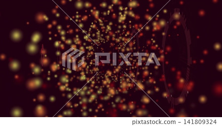 Drifting glowing particle cloud moving through dark maroon void, revealing faint gear ring Drifting glowing particle cloud moving through dark maroon void, revealing faint gear ring 141809324