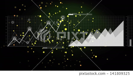 Displaying data panels on dark HUD, showing left line with markers, right area, slider, green glow Displaying data panels on dark HUD, showing left line with markers, right area, slider, green glow 141809325
