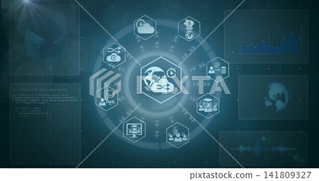 Displaying hub showing globe and cloud sync hexagon on digital dashboard, with code block and chart Displaying hub showing globe and cloud sync hexagon on digital dashboard, with code block and chart 141809327