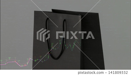 Showing matte black paper bags with U rope handles on textured gray backdrop, candlestick overlay Showing matte black paper bags with U rope handles on textured gray backdrop, candlestick overlay 141809332