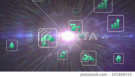 Radiating central light burst sending lens flare across nebula, with rounded frames and green icons Radiating central light burst sending lens flare across nebula, with rounded frames and green icons 141809333