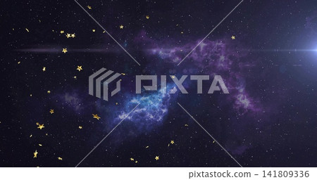Glowing central purple-blue nebula stretching in deep space, with gold confetti, right lens flare Glowing central purple-blue nebula stretching in deep space, with gold confetti, right lens flare 141809336