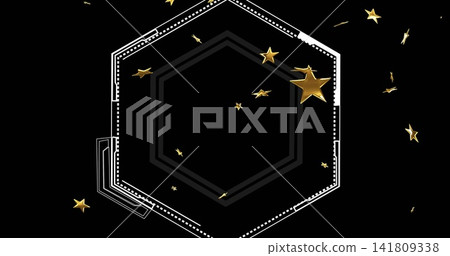 Showing central hexagon emblem on black with layered lines, dark gray core, gold stars and confetti Showing central hexagon emblem on black with layered lines, dark gray core, gold stars and confetti 141809338