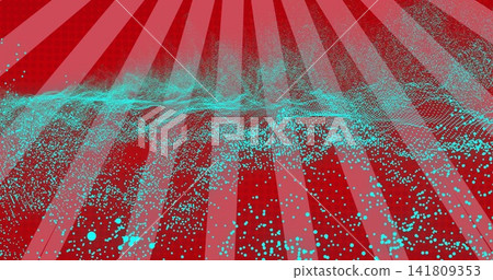 Flowing teal point-cloud ribbon stretching across red striped backdrop, showing mesh connections Flowing teal point-cloud ribbon stretching across red striped backdrop, showing mesh connections 141809353