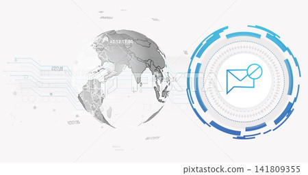 Displaying blue-cyan HUD showing envelope icon on right side UI, with globe, circuits, copy space Displaying blue-cyan HUD showing envelope icon on right side UI, with globe, circuits, copy space 141809355
