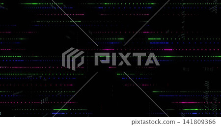 Pulsing abstract glitch pattern spanning black display, with multicolored lines and pixel blocks Pulsing abstract glitch pattern spanning black display, with multicolored lines and pixel blocks 141809366