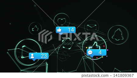 Floating cluster of social media icons connecting in dark network, with blue badges and nodes 141809367