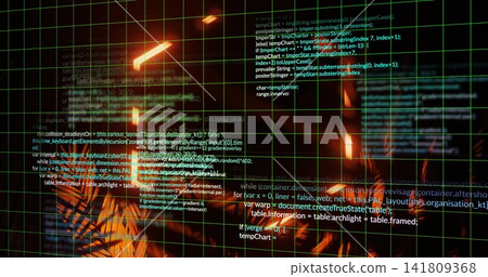 Displaying layered source code and turquoise perspective grid in digital display, with amber flares Displaying layered source code and turquoise perspective grid in digital display, with amber flares 141809368