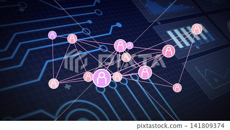 Displaying cluster of interconnected avatar nodes on dark blue grid, with pink hub nodes and lines 141809374
