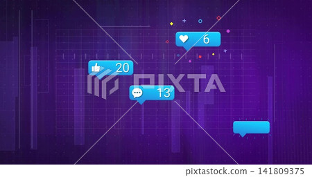 Floating blue notification bubbles showing like 20, comment 13, heart 6 on purple grid interface Floating blue notification bubbles showing like 20, comment 13, heart 6 on purple grid interface 141809375