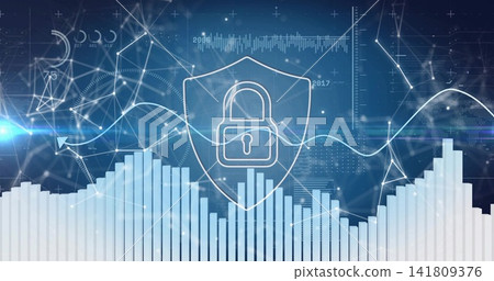 Displaying centered shield with padlock floating above bar chart on HUD, showing waveform lines Displaying centered shield with padlock floating above bar chart on HUD, showing waveform lines 141809376