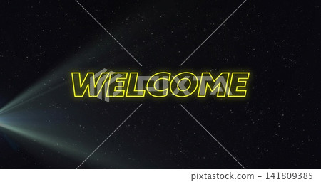 Shining glowing yellow-outlined 'WELCOME' word projecting on space-themed starfield, with left beam 141809385
