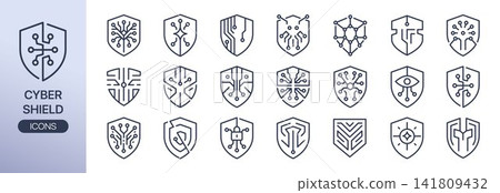 Cyber shield vector icon set. It includes cybersecurity shield, protection, guard, ai, and more icons. 141809432