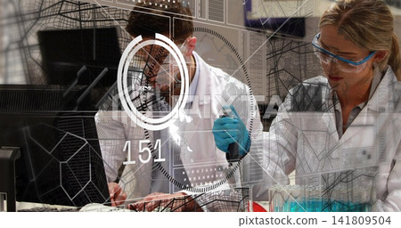 Pipetting woman scientist in lab coat holding micropipette over blue tubes, man typing at PC, HUD Pipetting woman scientist in lab coat holding micropipette over blue tubes, man typing at PC, HUD 141809504