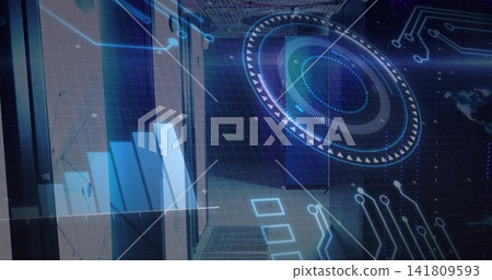 Projecting holographic interface over server racks in data center, showing radar dial and bar chart Projecting holographic interface over server racks in data center, showing radar dial and bar chart 141809593