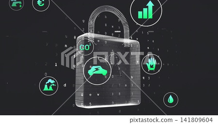 Hovering central wireframe padlock connecting icons in virtual UI, with electric car, CO2 Hovering central wireframe padlock connecting icons in virtual UI, with electric car, CO2 141809604