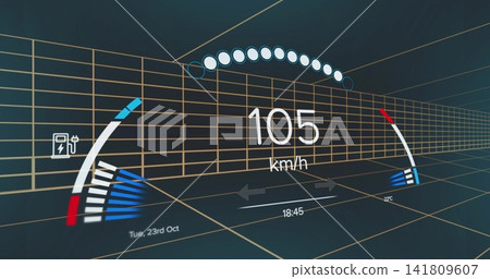 Displaying digital HUD dashboard projecting over 3D wireframe grid, showing 105 km or h speed Displaying digital HUD dashboard projecting over 3D wireframe grid, showing 105 km or h speed 141809607