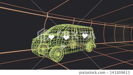 Displaying neon-green wireframe van moving through orange grid tunnel, showing three white hearts Displaying neon-green wireframe van moving through orange grid tunnel, showing three white hearts 141809613