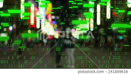 Walking blurred pedestrians moving through night city street, with neon signs, green binary overlay Walking blurred pedestrians moving through night city street, with neon signs, green binary overlay 141809616
