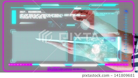 Holding tablet with stylus, two hands with striped sleeve on desk, displaying hologram UI Holding tablet with stylus, two hands with striped sleeve on desk, displaying hologram UI 141809681