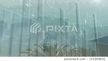 Displaying financial overlay over coastal skyline in haze, showing candlestick bars and palm fronds Displaying financial overlay over coastal skyline in haze, showing candlestick bars and palm fronds 141809692