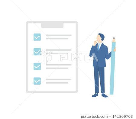 A male businessperson checks a binder's checklist with a pencil. A male businessperson checks a binder's checklist with a pencil. 141809708