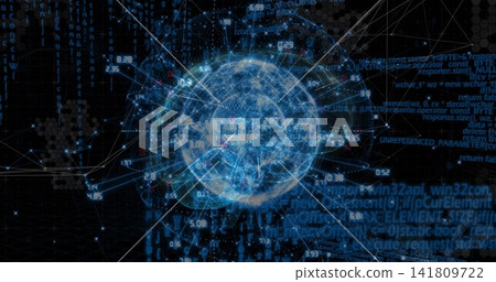 Pulsing blue data sphere linking nodes, displaying numeric labels and code fragments over hex grid Pulsing blue data sphere linking nodes, displaying numeric labels and code fragments over hex grid 141809722